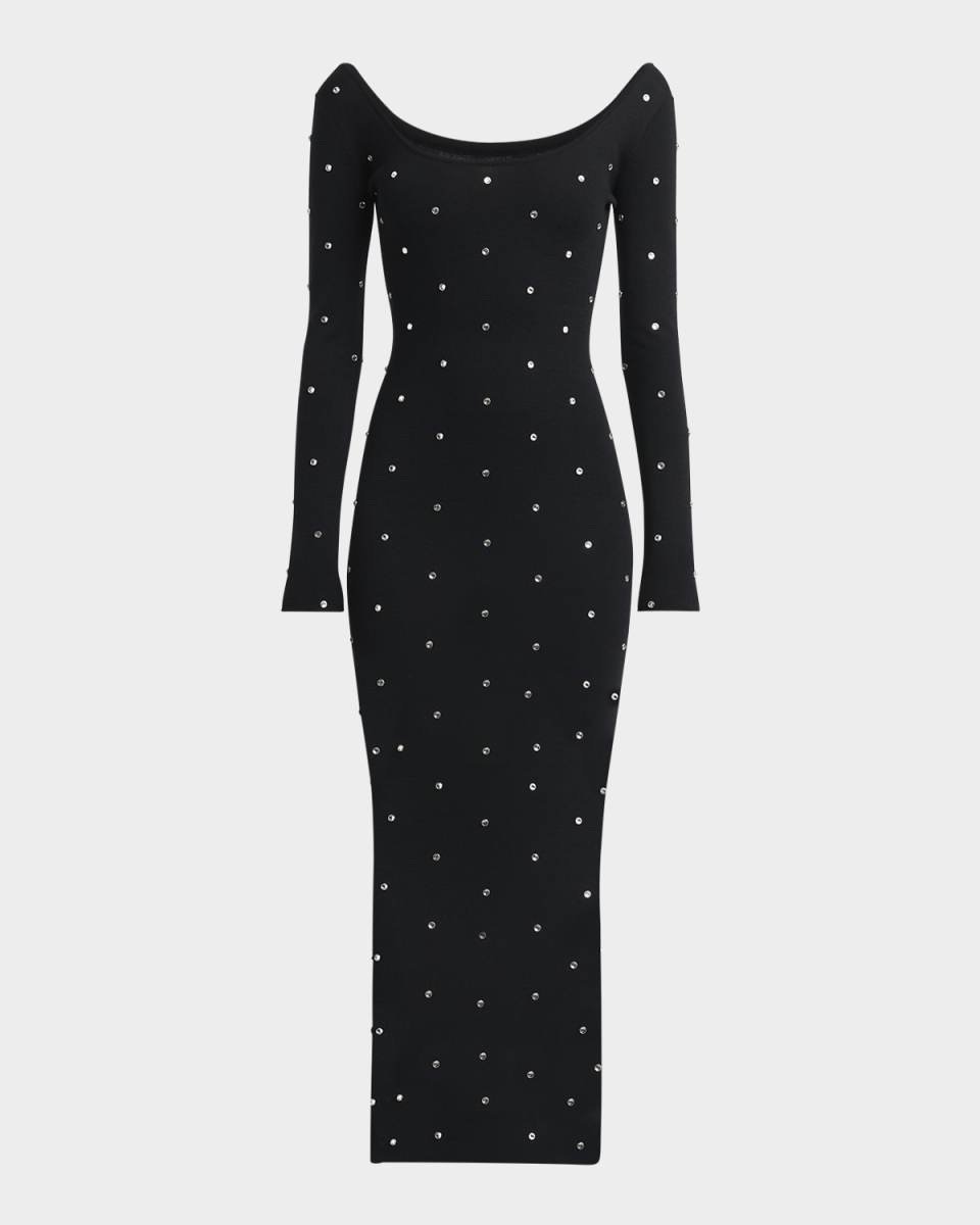 Crystal Studs Long-Sleeve Knit Midi Dress